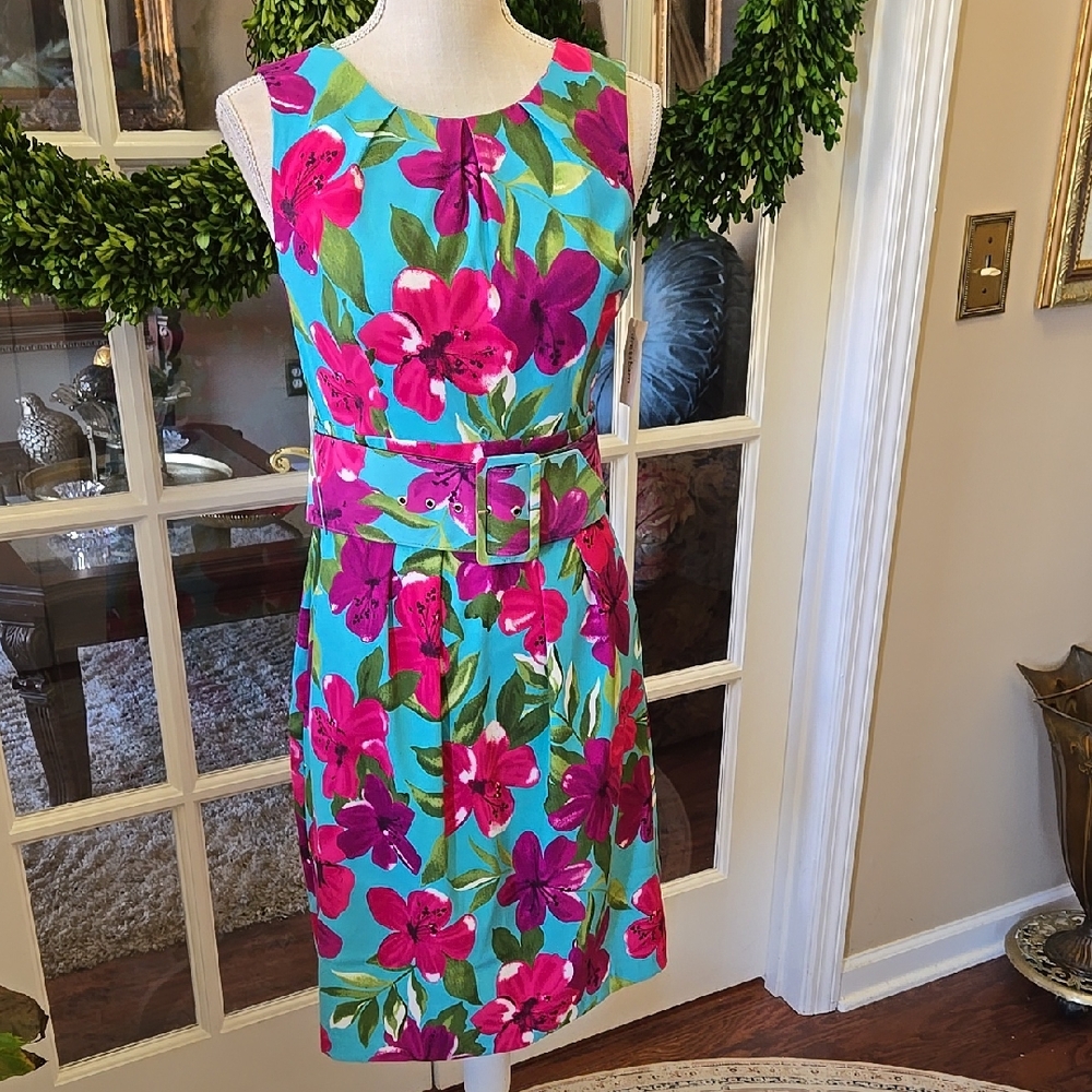 DRESSBARN Floral Sleeveless Dress Belt sleeveless pleats aqua fuchsia 6 New - Picture 1 of 8